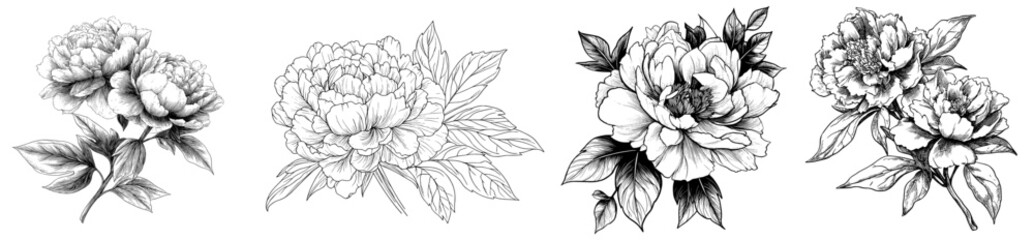 Modern hand drawn engraved ink illustration of peony flower and leaves