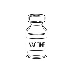 Line drawing of a vaccine bottle with label on a transparent background  