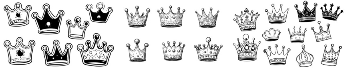 A collection of linear icons featuring doodled crowns is presented, including line art sketches of king and queen crowns, as well as other royal head accessories