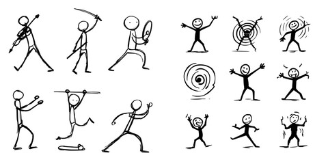 Stick man, stickman, stick cartoon, pictogram, and stick figure set refer to simple drawings of the human form