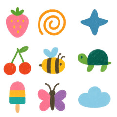 Icon Cute Child Isolated Crayon Doodle Drawing set. Kid, background, Children Cartoon Animal Food Fruit Cloud Turtle Bee Butterfly Spiral Cherry Strawberry. Summer Kids Education set of colorful Shape