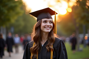 a woman in a graduation gown, smiling, long aubum hair, outdoors, shallow depth of field, warm lighting, cinematic, highly detailed, photorealistic