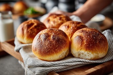 Freshly Baked Bread Rolls. Golden crusted dinner rolls served on a wooden tray.