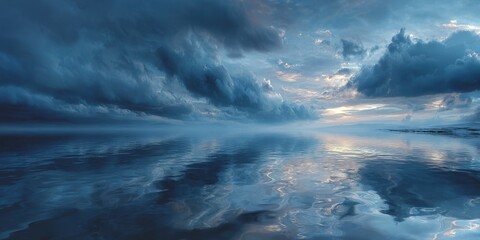 Serene Ocean View. Calm sea reflecting moody clouds at dusk.