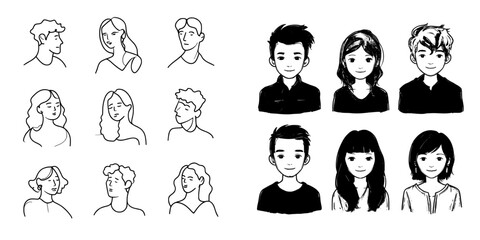 Fototapeta premium Collection of avatar cartoon images for mobile UI profiles, featuring male and female faces in a modern outline stroke style, representing unknown or anonymous individuals