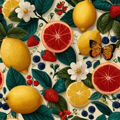 Colorful Fruit and Floral Pattern. Vibrant design featuring lemons, berries, and flowers.