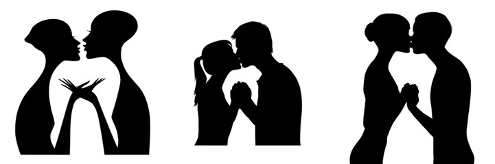 A minimalist depiction of a couple embracing and kissing, set against a white backdrop in a contemporary black illustration