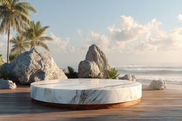 Tropical Oasis. A serene outdoor space with a marble platform by the beach.