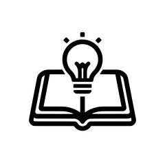 An open book accompanied by a glowing light bulb, represented in a linear design with editable stroke width