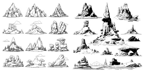 Isolated icons of cartoon mountains and hills, snow peaks and rocks, sand dunes and volcano, set amidst modern nature landscapes with stone cliffs, ice ranges, desert canyon and green valley