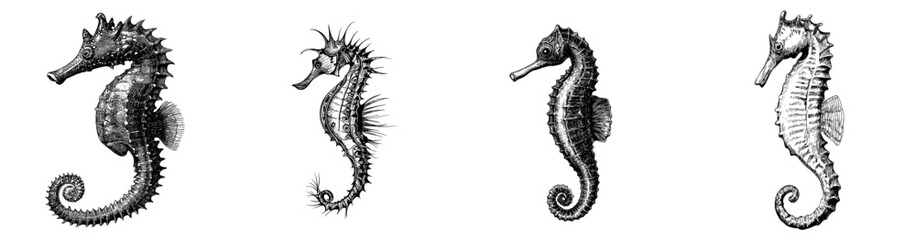A hand-drawn sketch of a black and white Seahorse is presented as a sea horse animal engraving illustration of underwater life