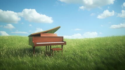 A piano in the middle of a grassy field