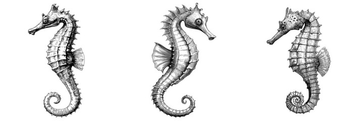 The illustration features a modern seahorse in black and white, showcasing a tropical underwater animal that inhabits the world's oceans and seas, with the image being a monochrome sketch of a