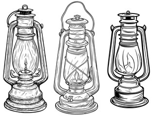 A hand-drawn sketch doodle style illustration of a vintage lantern with a candle, used as a camping lamp, creating an autumn cozy decor, isolated on white for a coloring book or print