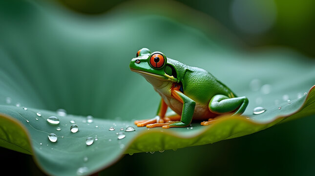 Funny green frog sitting on a lily pad in a pond with a silly expression