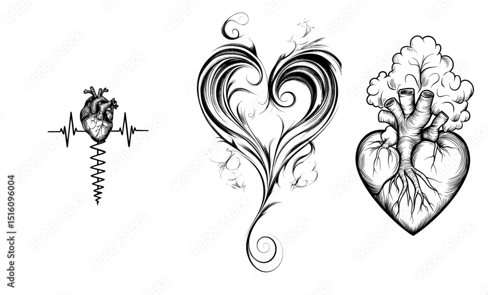 Poster the image features a heart positioned in the middle of a wavy vertical line, all drawn with one blac