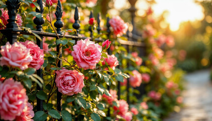 Fototapeta premium Vibrant pink climbing roses blooming along a black metal fence in a sunny garden during golden hour