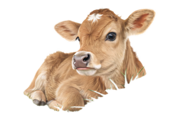 Close up of a light brown calf lying down with a white spot on its forehead on a black background