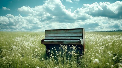 A piano in the middle of a grassy field
