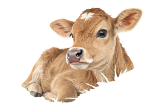 Close up of a light brown calf lying down with a white spot on its forehead on a black background