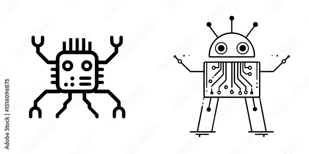 Poster a simple line art icon of a circuit board with connections is set against a white background