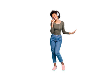 Full length body size photo of excited cheerful fun positive cute girlfriend singing into imaginary...