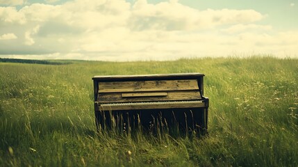 A piano in the middle of a grassy field