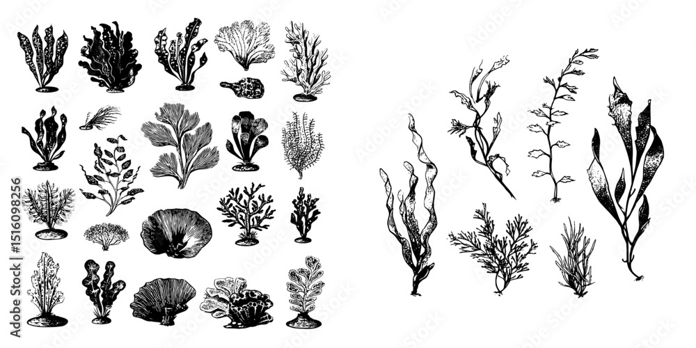 Poster illustrations of seaweed in a monochrome style display the unique textures and shapes of different u