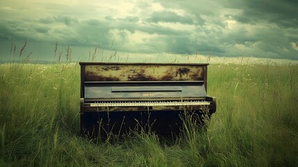 A piano in the middle of a grassy field