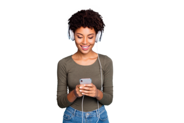 Photo of cheerful cute nice attractive trendy black girlfriend searching for new songs through her phone as answering people on social media isolated over blue vivid color background