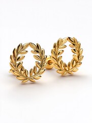 Gold laurel wreath stud earrings.  Detailed, round, gold leaf-like design