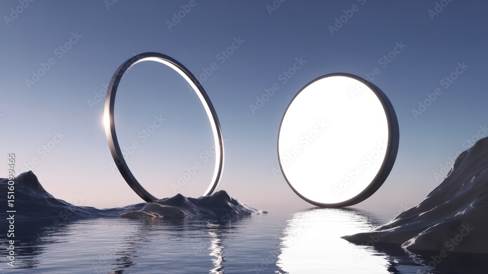Aufkleber abstract landscape with circular structures on water surface at dusk serene scene with geometric sha