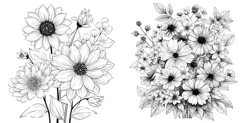 Plakat An elegant monochrome line art illustration is presented in Floral Bouquet, which showcases a cluster of delicate flowers with intricate details and varying bloom stages