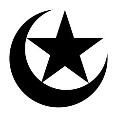 Crescent, moon, star Islamic symbol in black color on white background flat style. Islamic flag symbol. Halfmoon with star silhouette, Muslim religion sign. Vector illustration.