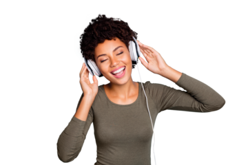 Photo of charming cute nice cheerful inspired afro american youngster singing her favorite song as listening to it in headphones with her eyes closed isolated over blue color vivid background
