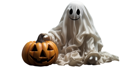 Friendly ghost with pumpkin, cheerful Halloween decor, soft spooky autumn art, festive October illustration, isolated on transparent background.
