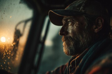 Weathered farmer in cap looks out from tractor cab on misty morning with water droplets on the glass