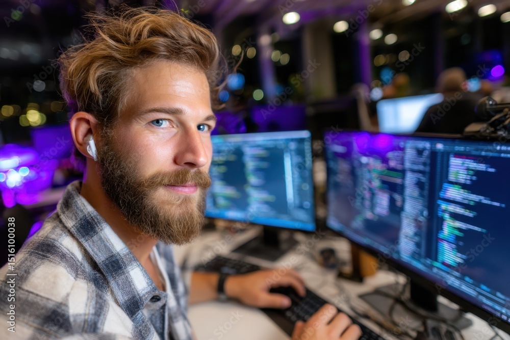  young man coding at a modern workspace with multiple computer screens in the evening