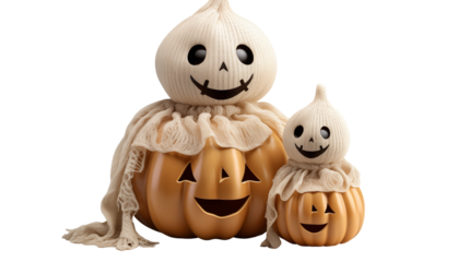 Knitted ghost with Jack O�Lantern, whimsical Halloween decor, cute autumn festive art, orange spooky illustration, isolated on transparent background.