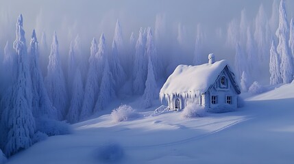 A tiny snow-covered cottage surrounded by frozen forest