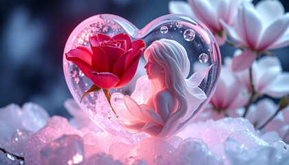 This image has a dreamy and romantic Valentine’s Day theme. It features a delicate heart-shaped glass sculpture with a fairy-like figure inside, holding or gazing at a vibrant red rose. 