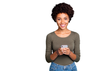 Portrait of positive cheerful dark skin girl use hold her smartphone enjoy blog posts comments wear green outfit isolated over blue color background