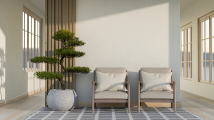 Armchairs and bonsai pot placing near the wall in the middle of a wooden floor corridor in building.