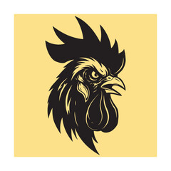 Vector illustration of an imposing black rooster head against a yellow background.