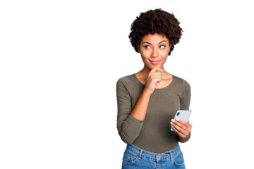 Photo of cunning smirking puzzled interested dark skinned youngster touching her chin in thought of what to post to her profile on social media wearing jeans denim isolated over color blue background