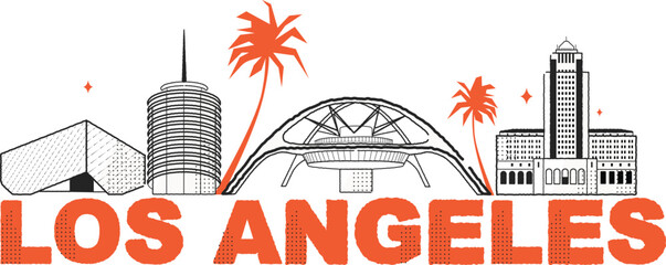 Typography word Los Angeles branding technology concept. Collection of flat vector web icons. American culture travel set, architectures, specialties detailed silhouette. Doodle famous landmarks.