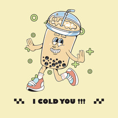 A fun And quirky retro style mascot character of a boba ice cream perfect for branding, advertising, ar packaging design 