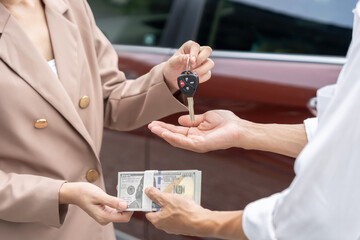 lease, rental and selling car. Car agent sent key for new owner. Customer pass on money for buy. rent car, Sales, loan credit financial, insurance, Seller, dealer, installment, Used car.