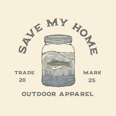 A whimsical Illustration of a salmon swimming in a river scene trapped inside a glass bottle perfect for summer vibes, tshirt design, stickers design 