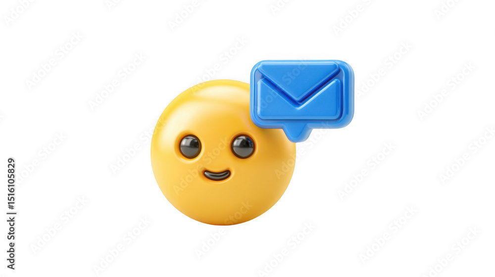 Poster 3d rendering of a smiling emoji with a new message notification in a speech bubble, isolated on a tr